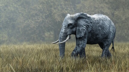 A serene African elephant stands in a misty grass-covered landscape, creating a calming natural scene