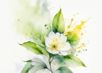 An elegant white flower amidst yellow and green watercolor splashes, showcasing the harmony of nature and art - obrazy, fototapety, plakaty