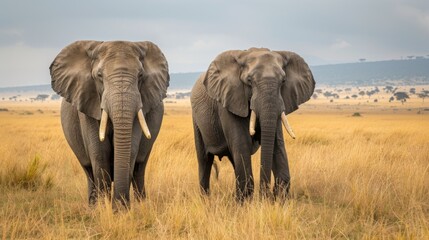 This image highlights two African elephants making their way side by side across a grassy landscape, symbolizing companionship - Powered by Adobe