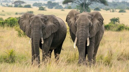 Obraz premium An artistic composition shows two elephants mirrored against a backdrop of vibrant green foliage enhancing the feeling of harmony