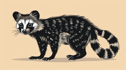 Vintage style graphic art of a raccoon with a striped tail and detailed fur texture on a simple beige background