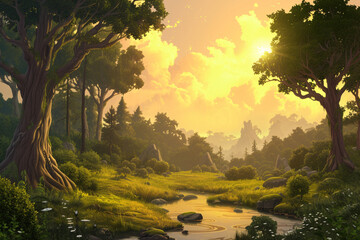 Sunset in the jungle. Fantasy landscape with a tree and flowers. Sci-fi planet landscape concept art. Fantasy space world. Mysterious and magical planet.