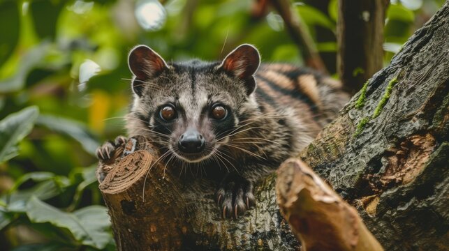 A close-up shot of a beautiful palm civet with striking stripes perched attentively on a tree branch in a lush forest