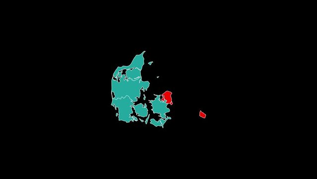 4k Map of the Kingdom of North Denmark Region hovedstaden red Highlighted animation on the black screen background. 60fps Capital Region of Denmark with highlighter rendering on black bc