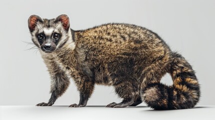 Full body shot of a civet standing alert and confident, against a simple grey backdrop