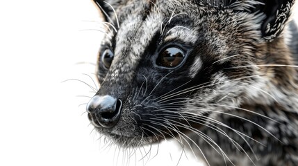 A macro shot focusing intensely on a civet's face, highlighting its dramatic eyes and details
