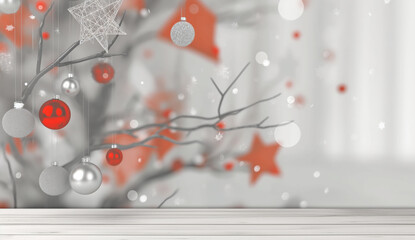 Minimalist Christmas tree branches decorated with red and silver baubles, white backdrop.