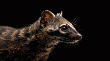 This image features a detailed close-up of a Genet animal with sharp features and a dark background, highlighting its fur and eyes