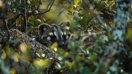 Capturing a tranquil moment, this image depicts a wild civet resting amongst tree foliage in its natural habitat