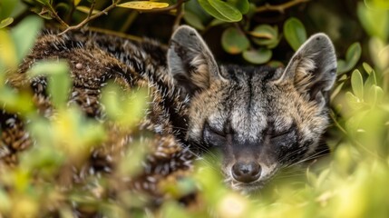 A genet comfortably nestled among vibrant green foliage, its eyes closed in serene slumber