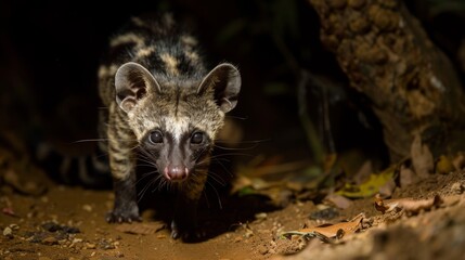 An alert genet on the hunt, with keen eyes focused and ready to explore its natural environment