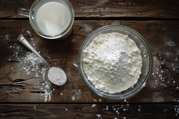 Powdered milk and milk cup and teaspoon on wooden board background - obrazy, fototapety, plakaty