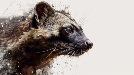 An expressive watercolor splash art portrait of a civet, blending wildness with artistic spontaneity