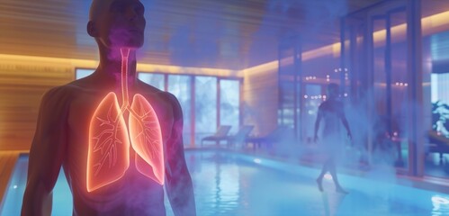 An animated visualization of the saunas effect on the respiratory system with animated lungs clearing out toxins and increased oxygen flow resulting in easier breathing..