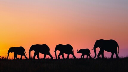 Elephant Family, A silhouette of a family of elephants walking in a line