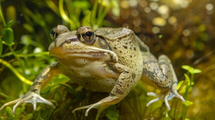 Obraz premium This image captures a frog in a natural setting, accentuating its textures and the vibrant surroundings