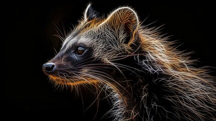 Digital artwork of a civet with its fur illuminated, highlighting detailed textures against a dark background