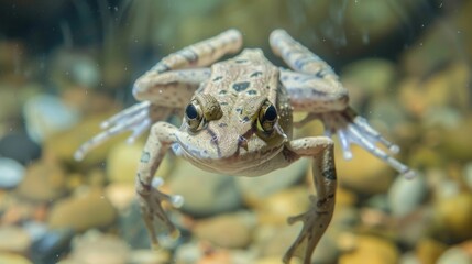A unique perspective of a frog pressing against the glass, detailing its eyes and skin patterns