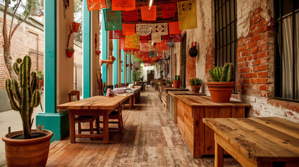 Fototapeta na wymiar Rustic alley with wooden benches and potted cacti, decorated with paper flags.