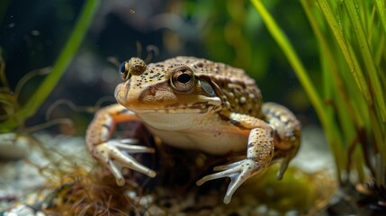 A detailed close-up of a brown spotted frog, showcasing its textured skin and vibrant eyes amidst aquatic plants