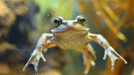 A frog seems to stare at the viewer, detailed front view with a beautifully blurred water background