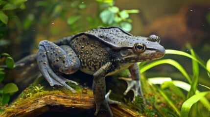 A dark frog perched on a vibrant green mossy branch, partially submerged in water
