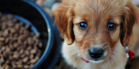  Golden retriever puppy with a red collar sitting beside a bowl of kibble.