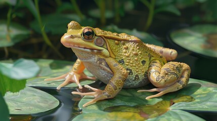 A bronze-colored frog sitting on a lily pad basking in the softened sunlight