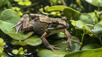 This image displays a relaxed frog amidst vibrant water plants, providing a sense of tranquility and harmony with nature in a pond setting
