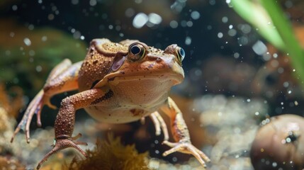 An engaging close-up of a frog with a glistening water backdrop, highlighting the creature's detailed texture
