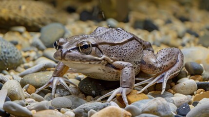 A frog at ease on an array of smooth river pebbles, presenting a calm, natural scene