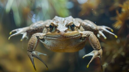 The frontal gaze of a frog underwater, capturing its charismatic presence and habitat