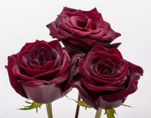three dark red roses are shown on a white background