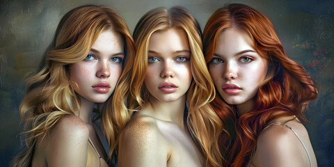 portrait of three women, ai generated.