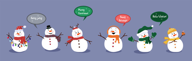 Set of illustrations of snowmen. Christmas and New Year. Happy winter. Cartoon characters with different personalities. Vector flat illustration.