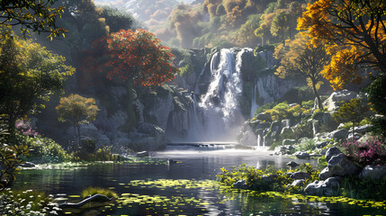 the natural view of a beautiful and amazing waterfall, with a clear river below. green plants all around