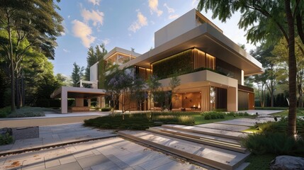 Modern architecture house exterior design luxury concept 3D render driveway