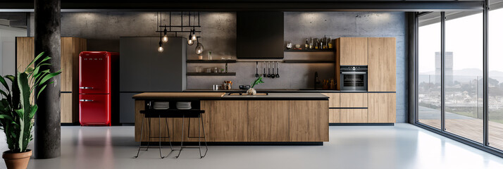 Interior of modern kitchen with gray walls, concrete floor, white cupboards and wooden countertops. Industrial or loft style
