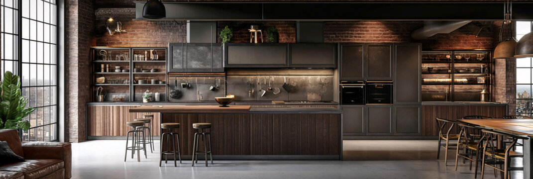 Modern kitchen in loft, industrial style with dark wooden walls