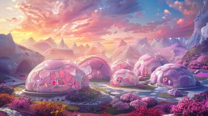 Enchanting Pink Fantasy Landscape with Surreal Mountains at Sunset