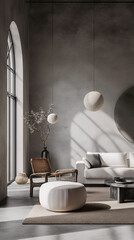 Interior of modern living room with gray walls, concrete floor, comfortable white sofa and round coffee table. Classic loft or industrial style