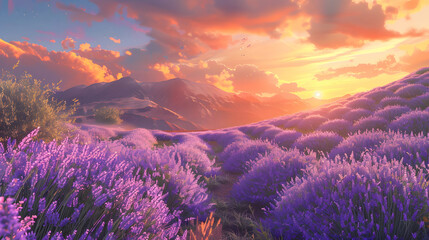 panoramic view of blooming lavender fields, sunset rays illuminating the entire lavender field....