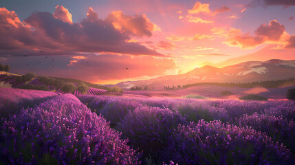 panoramic view of blooming lavender fields, sunset rays illuminating the entire lavender field. background of hills and bright orange sky. - obrazy, fototapety, plakaty