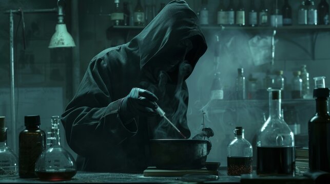 In a dimly lit laboratory a hooded figure works diligently over a bubbling pot of liquid carefully measuring out drops of a deep red . .