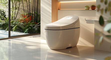 Front-facing view of a state-of-the-art modern toilet with dual flush technology