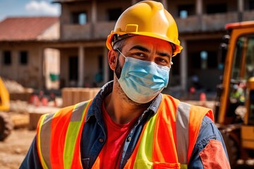 Construction worker in safety gear and mask on building site