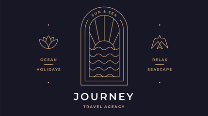 Journey Travel Seascape Label. Minimalist line art logo template. Simple modern design line graphic sea sun travel seascape badge. Symbol line icon sea sun travel seascape sign. Vector Illustration