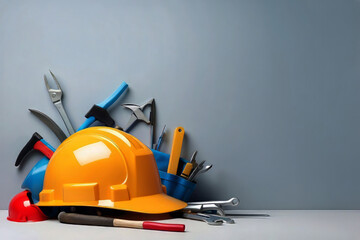 Celebrate the spirit of Labour Day with a stunning illustration featuring a hard hat and tools. This is the perfect opportunity to showcase your company's commitment to hard work and dedication. The i