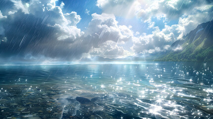 view of the sea with cloudy clouds, it is raining. rainwater and sparkling sea water, a condensation process occurs