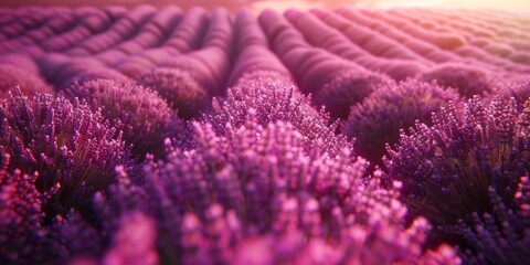 picturesque field of lavender flowers basking in the warm glow of the sun, creating a serene and enchanting scene.